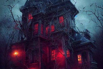 An imposing mansion with red lamplight and red windows is lit from behind as a flash of intra-cloud lightning fades. Bats fly around the mansion and there are leafless trees surrounding the mansion.