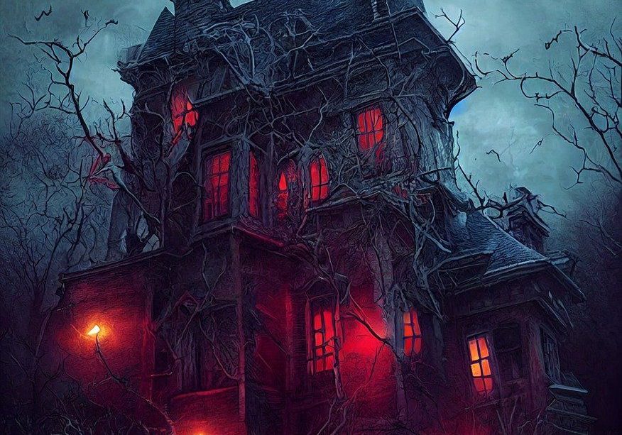 An imposing mansion with red lamplight and red windows is lit from behind as a flash of intra-cloud lightning fades. Bats fly around the mansion and there are leafless trees surrounding the mansion.
