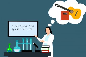 A sketch of a person in a lab coat, in a chemistry lab. Thoughts bubbles show a guitar and a book.