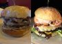 Two cheese burgers from two restaurants are visually compared. One has a sesame seed bun, tomatoes, lettuce, pork belly, and pickles with one patty covered in melted white cheddar cheese. The other has one patty with melted swiss cheese above and below it as well as bacon and mushrooms with the same cheese melted on top of it.