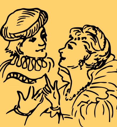 A line art drawing of Romeo and Juliet speaking to each other on a yellow background. The costumes for Romeo and Juliet seem to be from around the 1550s.