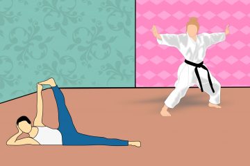 Two people are in a room with bright turquoise and fuschia wallpaper. The person to the left lays on their side on the floor, stretching their leg and arm up to accomplish a yoga pose, while the person on the right wears a karate-gi while holding their arms out in a ready pose as their legs rest in a straddle position.