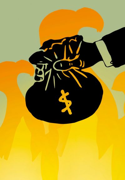 A graphic that shows a hand holding a bag of money in front of a background of flames.