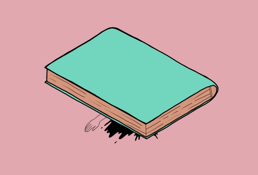 A book with a teal blue cover has squashed a person, with their hand and blood peeking out from under the book, all on a pink background.