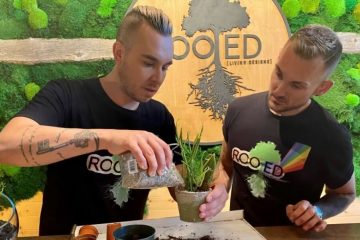 Two people with short blond hair shaved on the sides of their heads and shirts denoting the store they work at, Rooted Living Designs, are adding soil to a plant pot with two cacti in it. The wall behind the people is covered in moss and has railroad ties behind a circle of wood that has been carved to reflect the store’s name with the image of a tree with long roots as the “t” in the word “Rooted”.