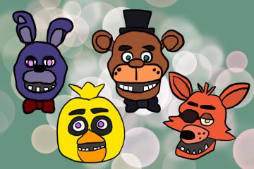 A drawing of the main four animatronics’ heads of the FNAF series - Bonnie, the purple bunny with a red bowtie; Chica, the yellow chicken; Freddy, the brown bear with a black top hat and bowtie; and Foxy, the red fox with an eyepatch on its left eye, all on a green background with white circles.