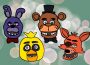 A drawing of the main four animatronics’ heads of the FNAF series - Bonnie, the purple bunny with a red bowtie; Chica, the yellow chicken; Freddy, the brown bear with a black top hat and bowtie; and Foxy, the red fox with an eyepatch on its left eye, all on a green background with white circles.