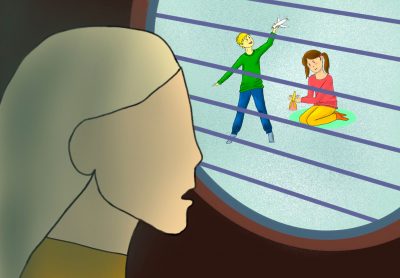 A drawing of a blonde woman staring through bars at two children who are smiling and playing outside. One child is playing with an airplane and the other is playing with a doll. The woman seems aghast at the children’s freedom.