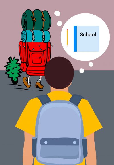 A person with a backpack, standing in front of another person carting a suitcase and luggage, both of them thinking of school.