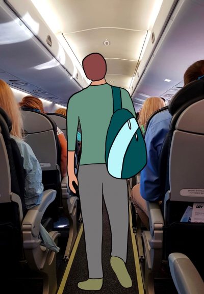 A person wearing blue tones and carrying a backpack has been illustrated over a photo taken facing down an airplane’s central walkway.