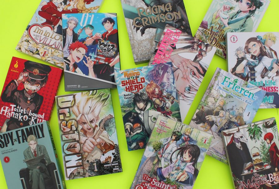 A yellow-green background with manga cover pages spread across the image. Most are mentioned in the article.
