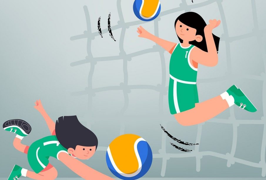 A sketch of two people. One is jumping up to hit a volleyball and the other is crouched to bump another one. Both are in green jerseys.