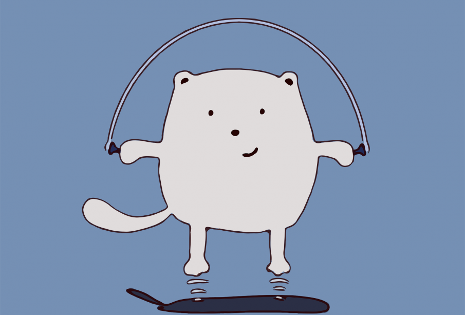 A blue background with a smiling cartoon animal skipping rope.