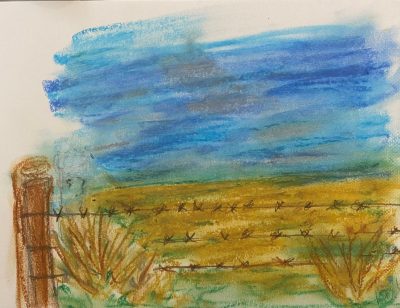 A pen and pastel depiction of a fenced-off golden field under a sky of blue-grey tones.