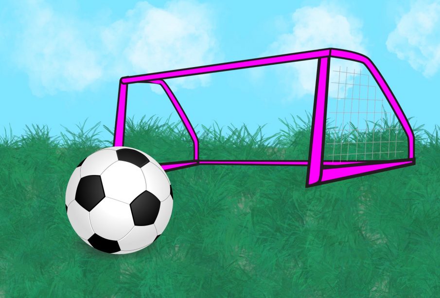 A sketch of a purple goalpost, empty, with a soccer ball placed right in front of it.