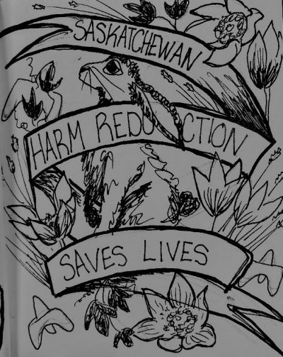 A print of some flowers and a rabbit, with text saying “Saskatchewan harm reduction saves lives.”