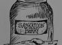 A jam jar labeled “Saskatoon berry,” with two hands meeting in a handshake right in front of it.