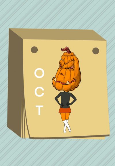 A humanoid body with a pumpkin head is on a thick stack of paper with white letters “O,” “C,” and “T” down the side.