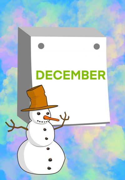 A cotton-candy-coloured background is overlaid with a calendar which says “December” and a snowperson who is pointing at the calendar.