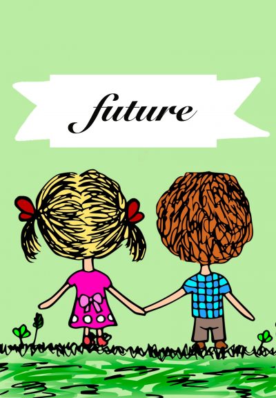 A drawing of two people holding hands and looking at a banner which says “Future.”