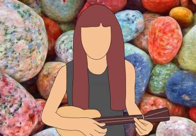A drawing of Colleen Ballinger playing her ukulele with a background of multi-coloured rocks.