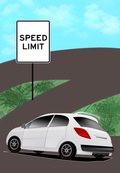 A car approaching a bend in the road, with a large speed limit sign ahead.