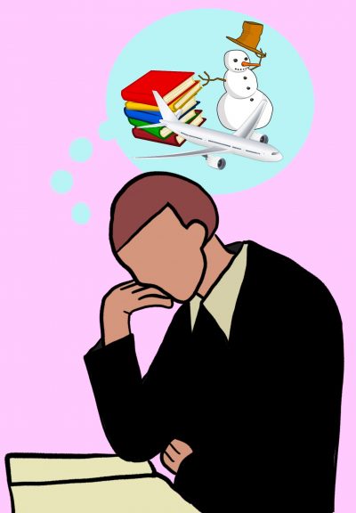 A person sitting pensive at a desk. Thoughts bubbles show they are thinking of textbooks and the winter while a snowman with books is sitting on top of a plane.