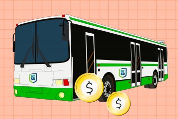 A city bus with the University of Regina Students’ Union’s logo dispenses coins out of its side door.