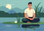A man in work clothes meditates on a calm lake surrounded by nature.
