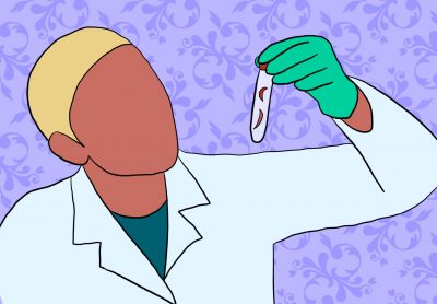 Scientist in a lab coat looking at a vial that contains sickle-cell red blood cells.